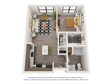 Floor plan for 1 bed, 1 bath, 697 sqft